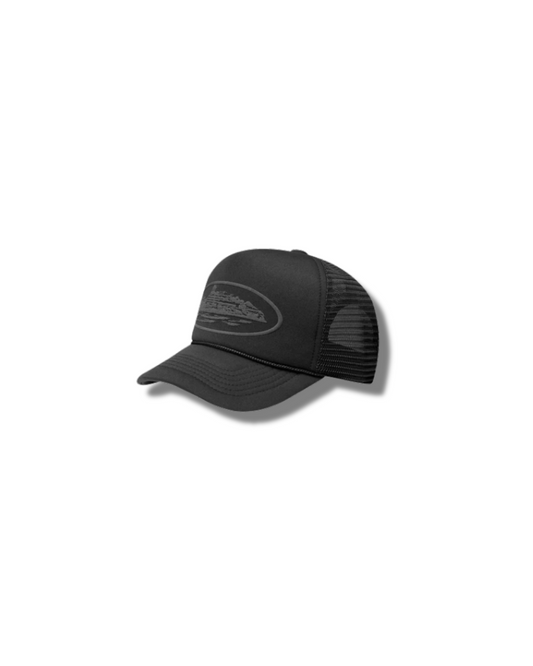Corteiz “Alcatraz Puff Print Triple Black Trucker Hat”